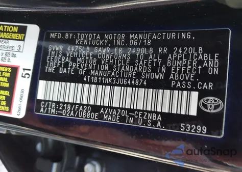 2018 Toyota Camry Le из США, поврежденный, VIN 4T1B11HK3JU644874